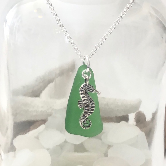 Artisan Jewelry - Genuine Green Sea Glass Seahorse Necklace